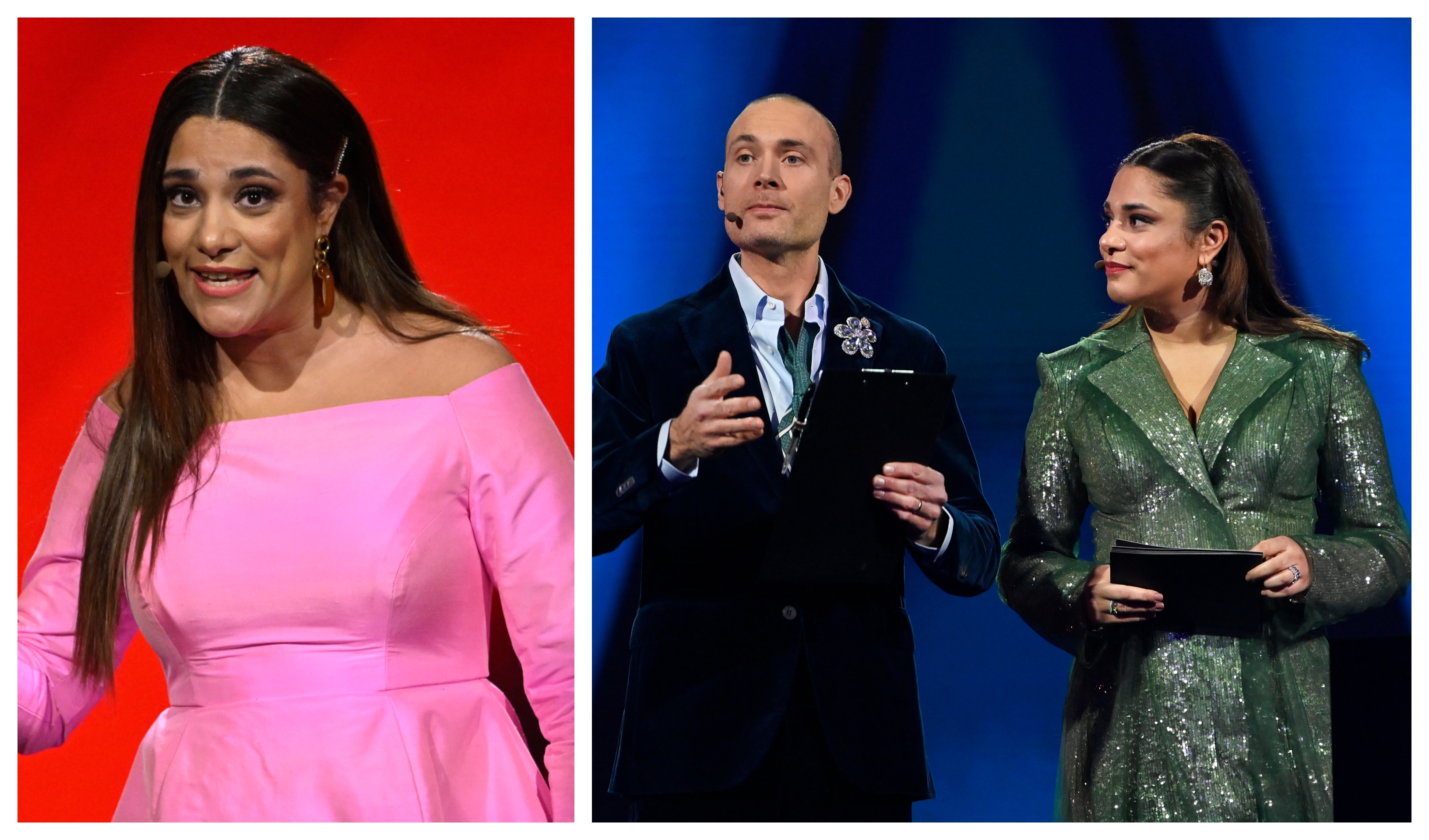 Farah Abadi och Jesper Rönndahl programleder finalen av Melodifestivalen 2023.